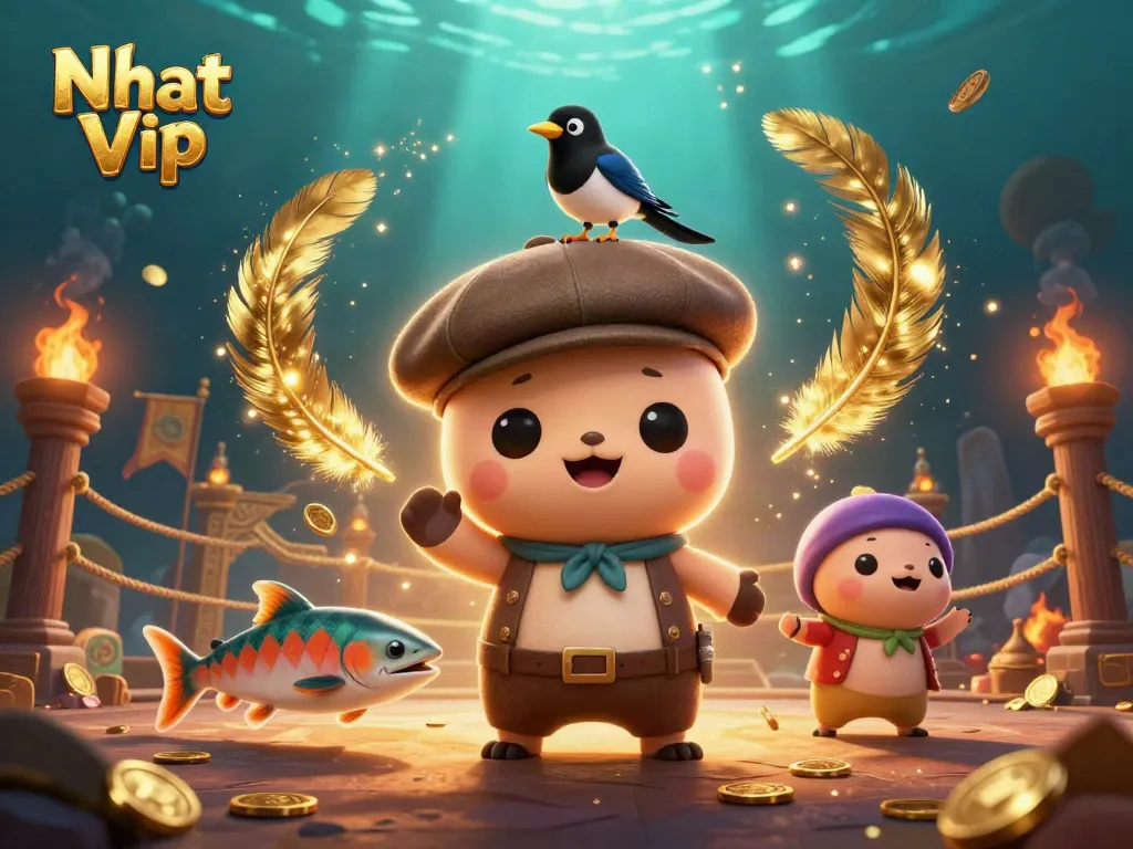 Experience the thrilling ambiance of Nhat Vip casino with charming characters amid gold and action.