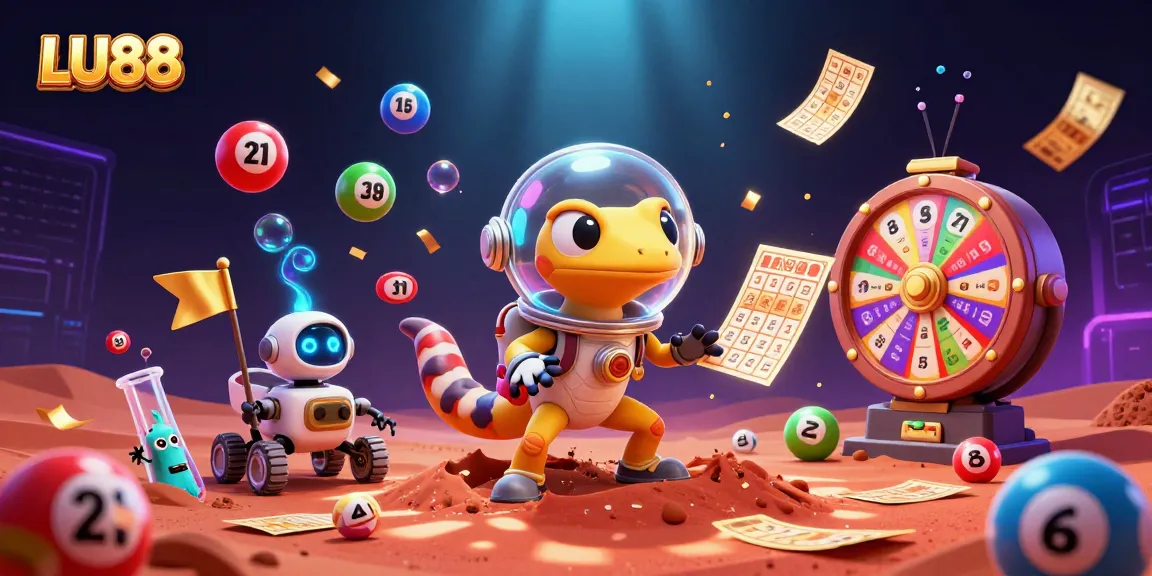 LU88 celebrates with a Martian gecko and robot amid a vibrant casino scene filled with games and prizes.