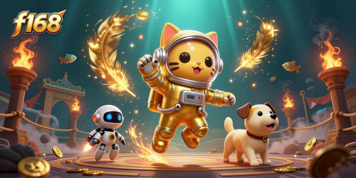 Experience thrilling wins at f168 with a vibrant 3D casino scene featuring an astronaut cat and dynamic game elements.