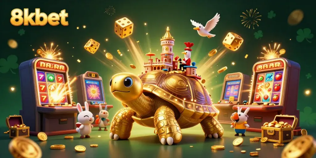 Experience the excitement of 8kbet with vibrant casino action, showcasing a golden tortoise casino and dealer