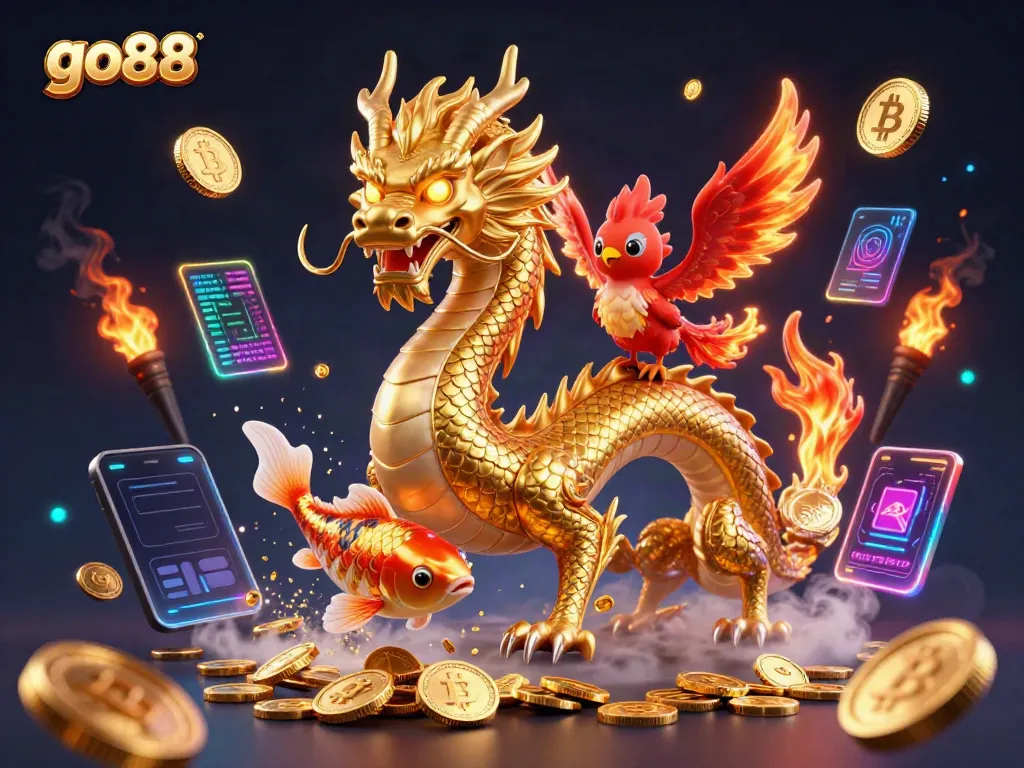 Experience go88 with its vibrant 3D casino scene showcasing a golden dragon and phoenix amidst crypto symbols.
