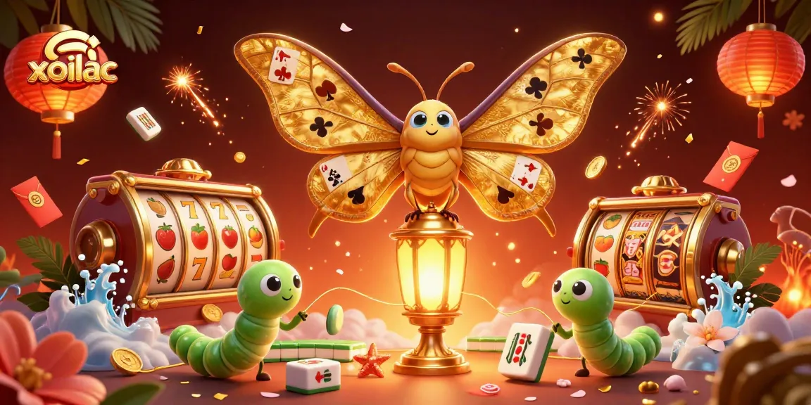 Experience the thrill of xoilac through vibrant casino scenes with a majestic moth and golden elements.