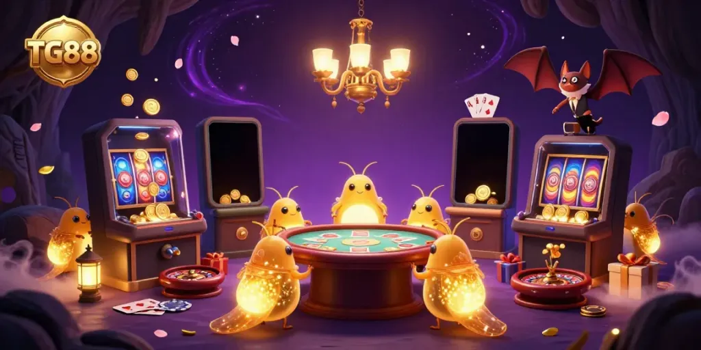 Experience the excitement of TG88 with glowworms lighting up a casino scene featuring slot games and magic.