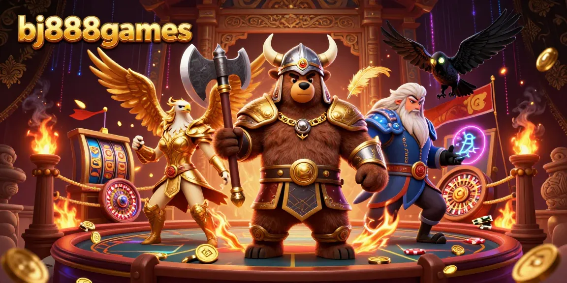 The 3D illustration of bj888games showcases a Viking berserker bear and a Valkyrie eagle in a vibrant casino atmosphere.