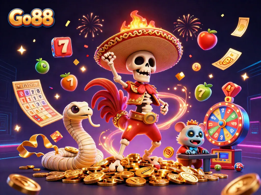 Engage with Go 88 through a lively casino scene featuring animated characters and vibrant lottery elements.