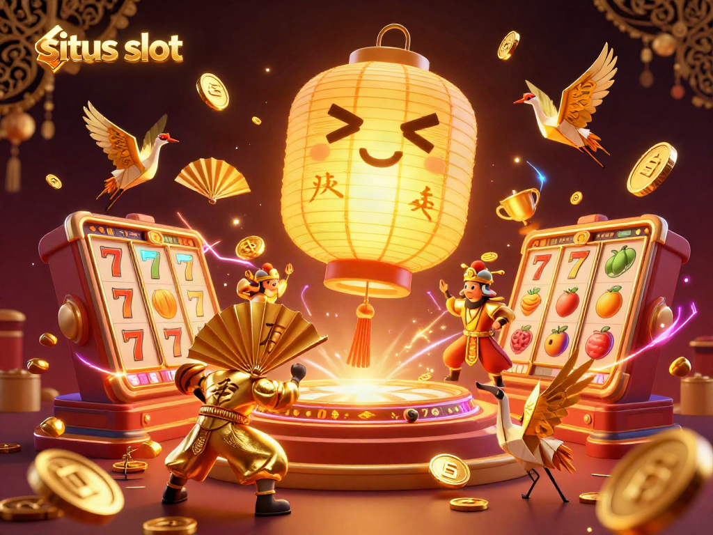 Experience thrilling situs slot action with vibrant golden lanterns and exciting slot elements.