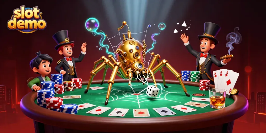Experience thrilling slot demo adventures with a steampunk spider and chip-stacked poker scene.