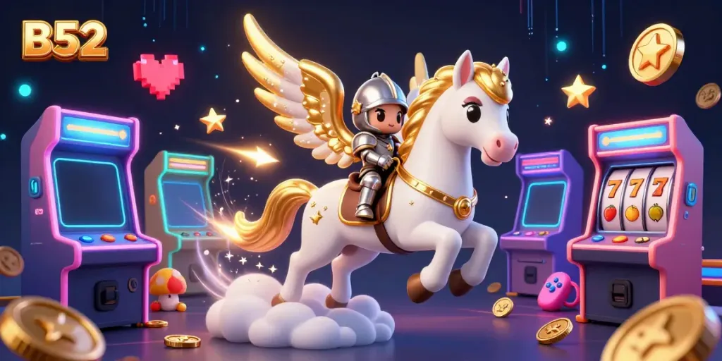 Engage with B52 casino excitement featuring a celestial knight and gaming elements.