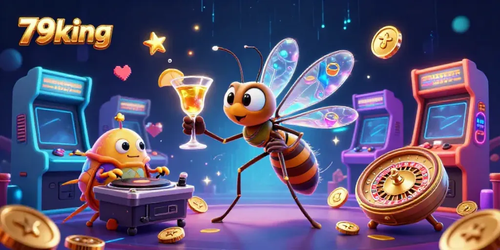 Experience the excitement of 79king with a vibrant casino scene featuring a unique mascot and gaming elements.