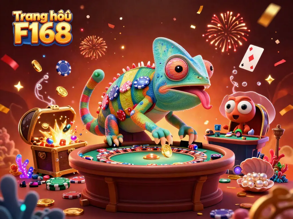 Experience excitement at Trang chủ F168 with a vibrant casino scene featuring a colorful chameleon owner.