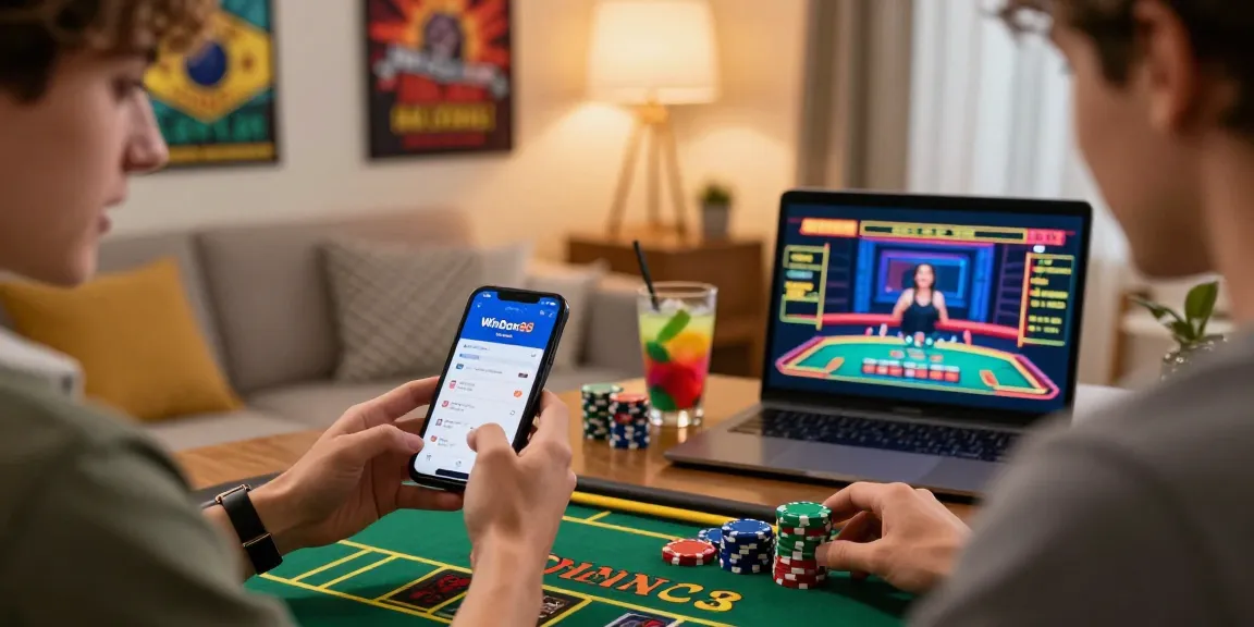 Player enjoying Winbox88 live casino game at home with vibrant atmosphere.