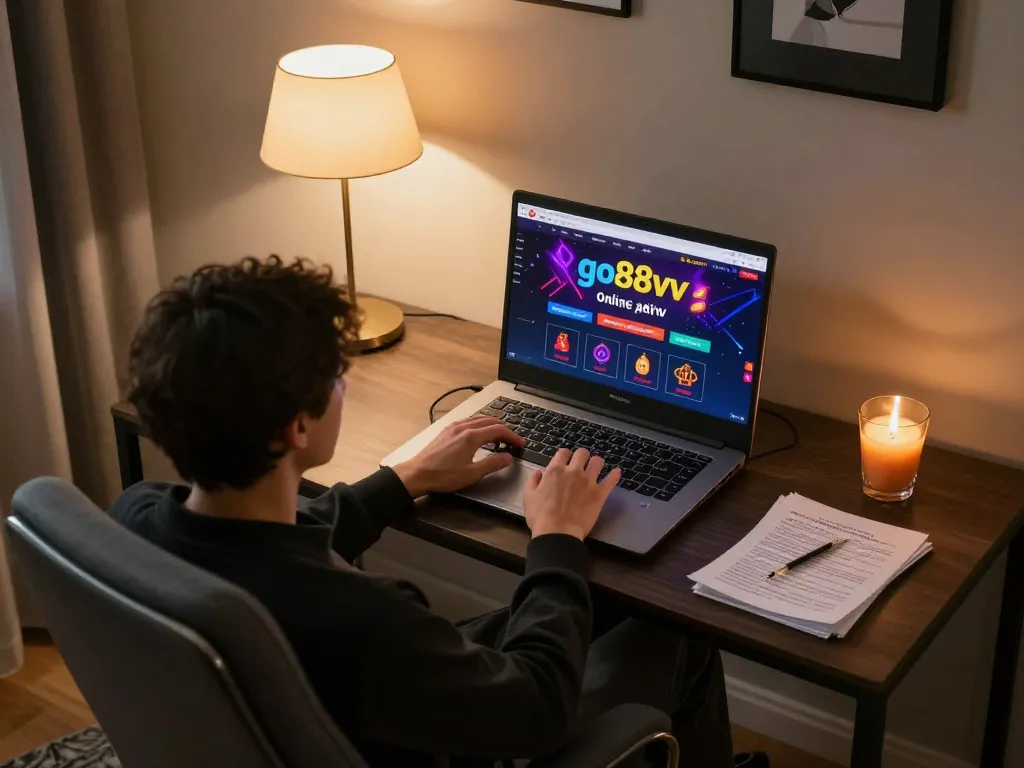 Engaging with go88vv online casino on a laptop with a cozy home atmosphere.