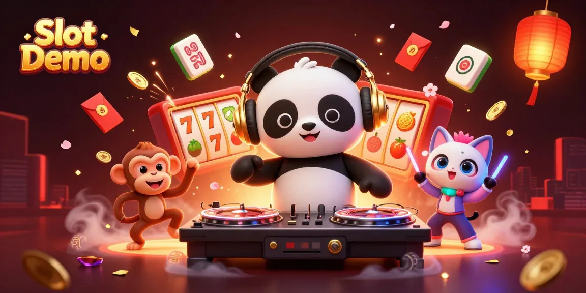 Experience vibrant Slot Demo gaming with a DJ panda, dancing monkey, and rave kitten in this thrilling illustration.