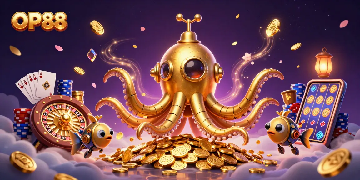 Win big with OP88's vibrant 3D casino scene featuring a kraken and golden coins.