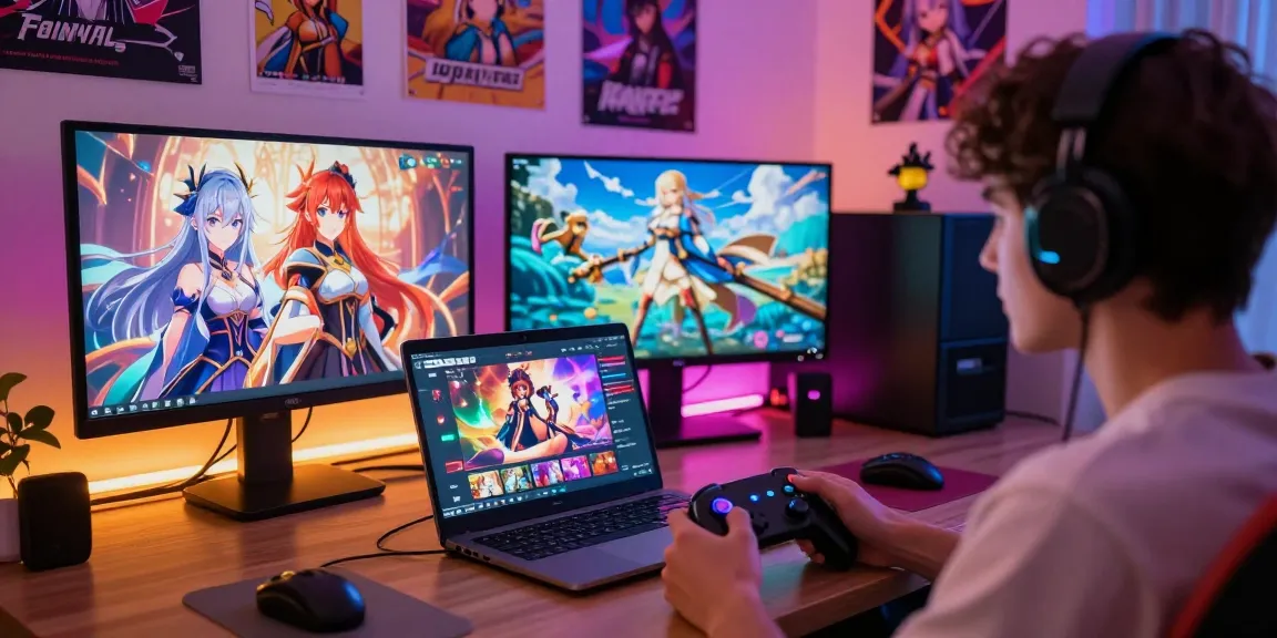 Engaging visual novel scene featuring free hentai games with vibrant characters and cozy gaming setup.