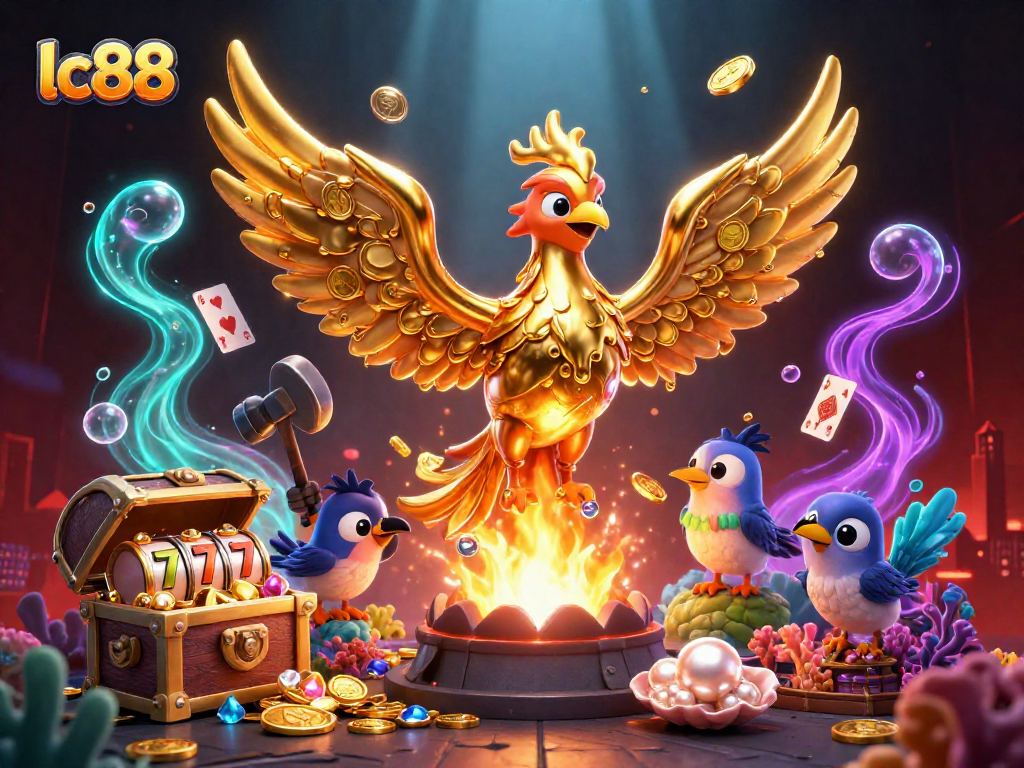 Experience the thrill of lc88 with a vibrant 3D illustration showcasing a golden phoenix and casino elements.