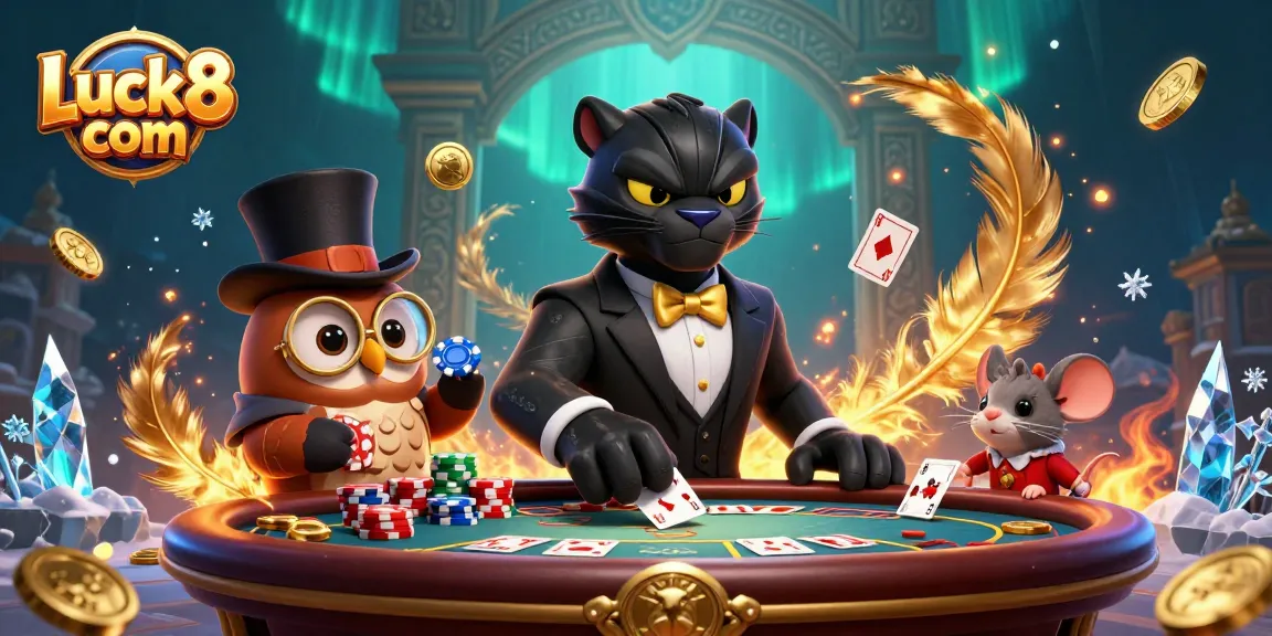 Play cards with Luck8 com in an exciting 3D casino scene featuring a panther dealer and owl with poker chips.