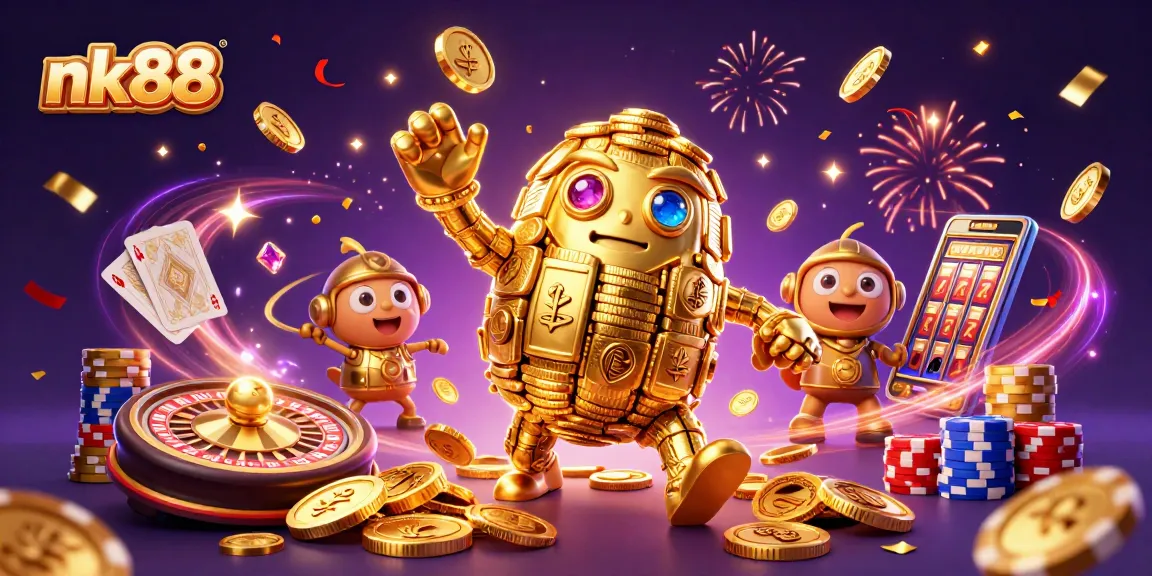 Spin and win at nk88 with a captivating golden golem among cascading coins and vibrant casino elements.