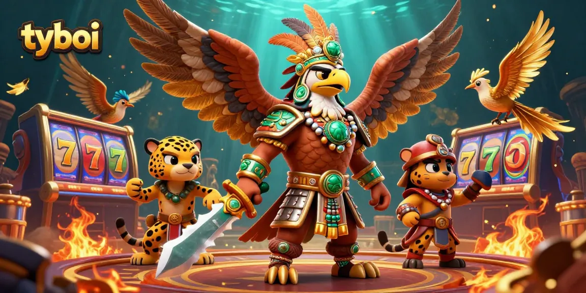Experience the vibrant tyboi casino scene with Aztec warriors, golden feathers, and thrilling slot machines.