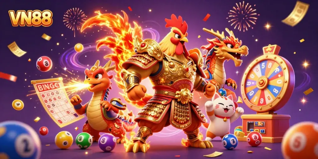 Experience exciting gambling at VN88 with a dynamic scene of gaming mascots and vibrant lottery elements.