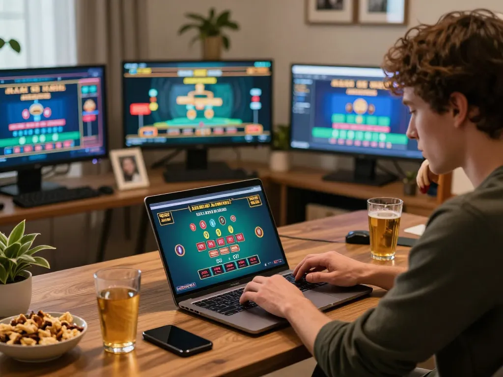 Sunwingo player engaged in online blackjack gaming, showcasing excitement and strategic thinking.