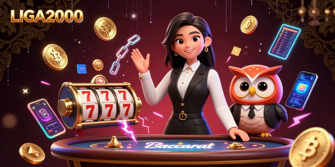 LIGA2000 menghadirkan suasana kasino 3D yang mendebarkan dengan dealer wanita Asia, asisten burung hantu, dan simbol slot.