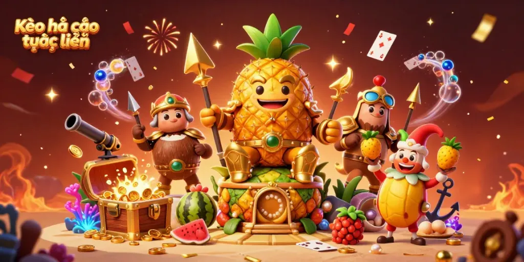 Engage with Kèo nhà cái trực tuyến showcasing vibrant casino elements and characters in a colorful beach scene.