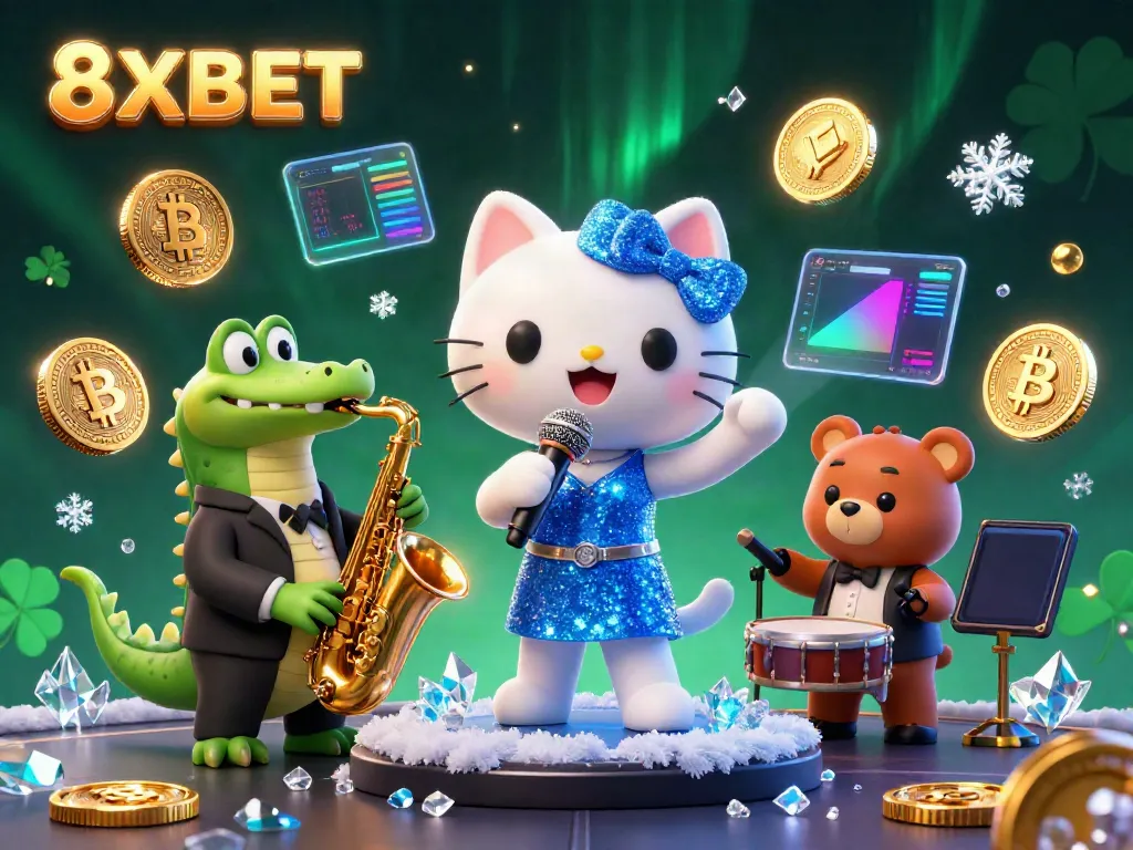 Join the excitement with 8XBET as a jazzy cat performs on stage beside a saxophone crocodile and a drum-playing bear.