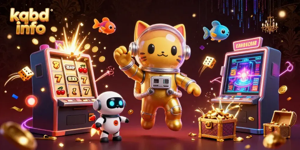 Celebrate winning moments with kqbd info's vibrant gaming space featuring cartoon astronaut cat and treasure.