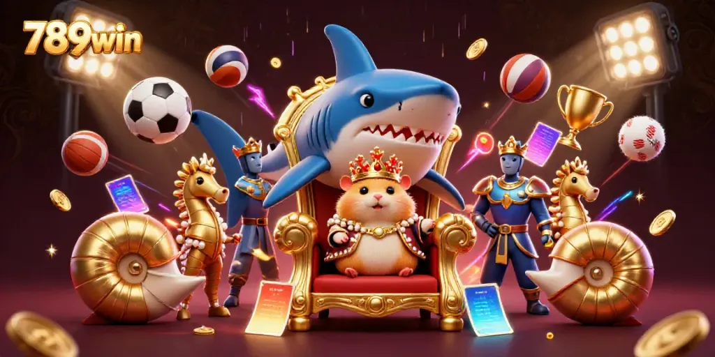 Engage in thrilling bets with 789win, where a hamster king rules a casino throne amidst playful sports elements.