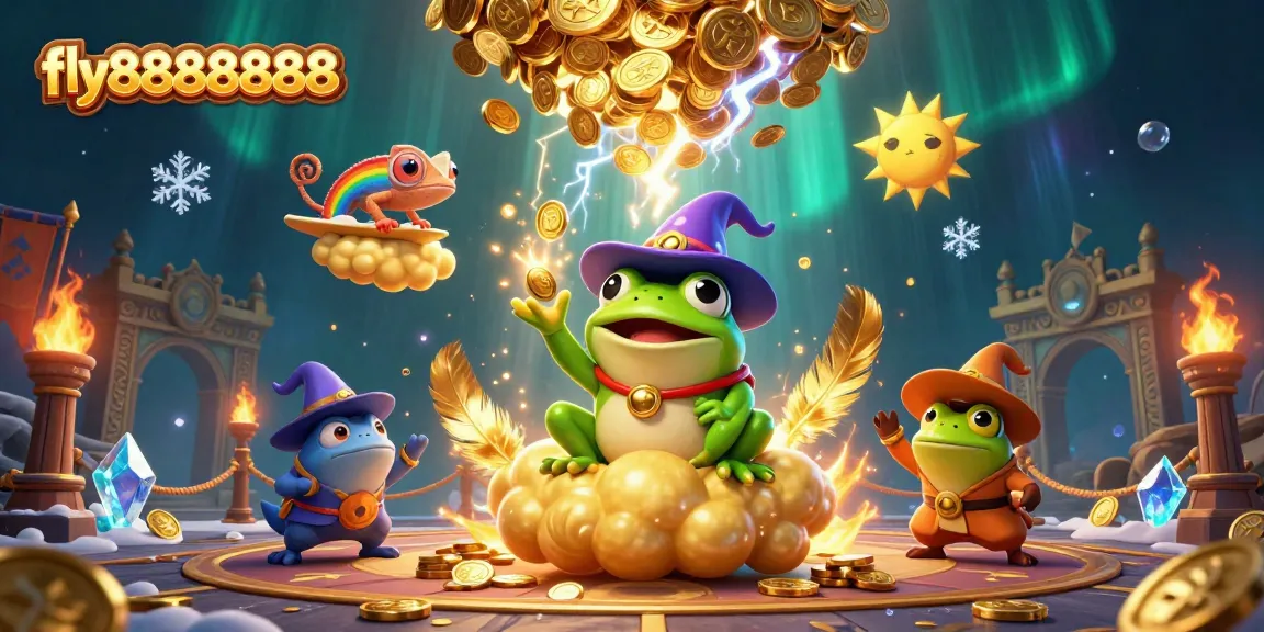 Experience the thrill of fly88888888 as a frog wizard conjures golden coins in a vibrant casino scene.