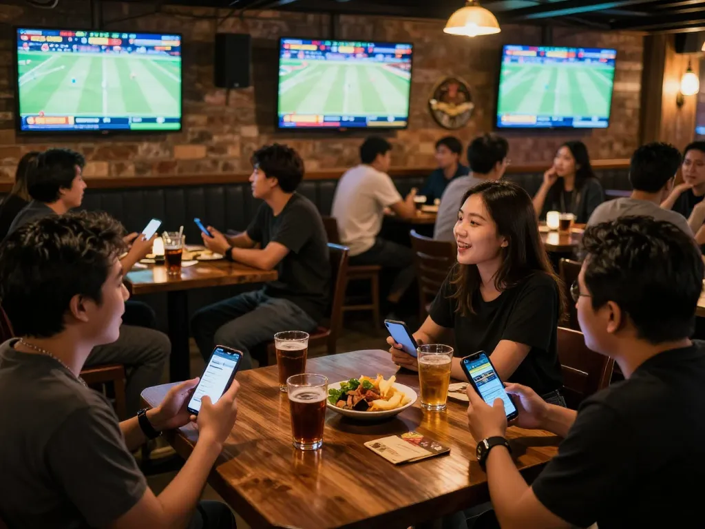 Excited sports bettors engage with keonhacai apps while watching live games in a bustling bar.