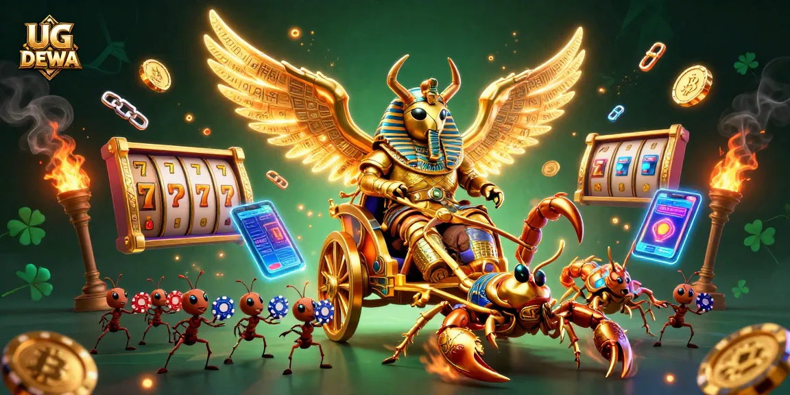 Experience excitement with UG DEWA as the golden scarab beetle rides through a vibrant casino, revealing slot reels and crypto coins.