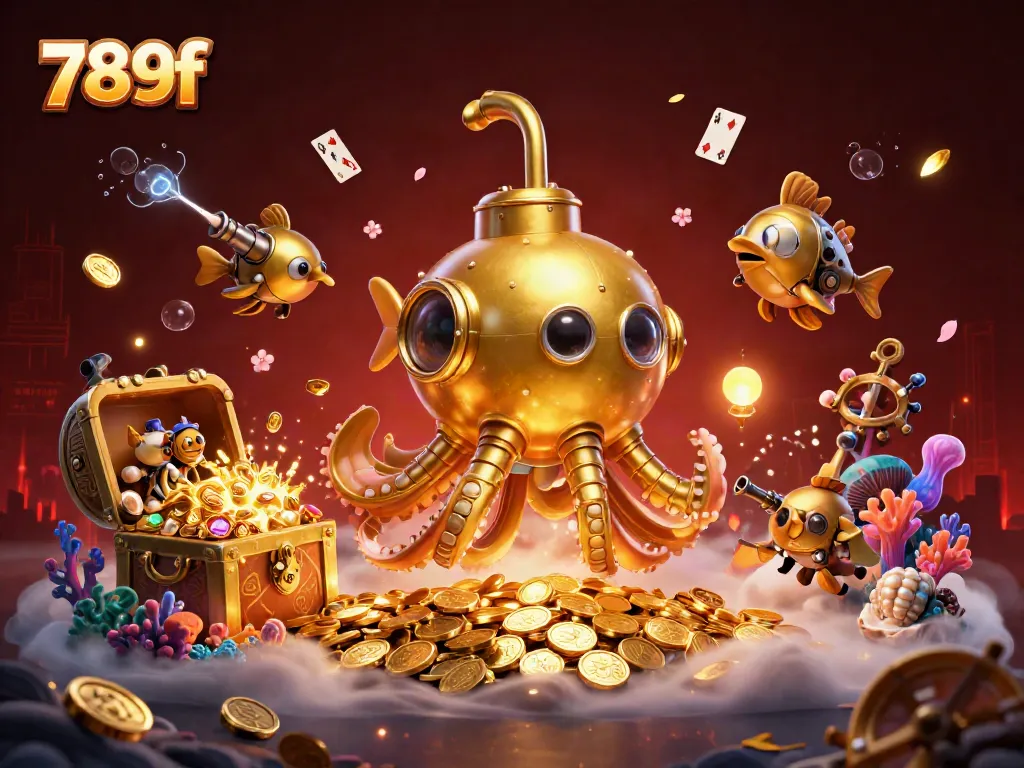 Immerse in the thrilling ocean of 789f as a golden kraken submarine surfaces among gold coins and treasures.