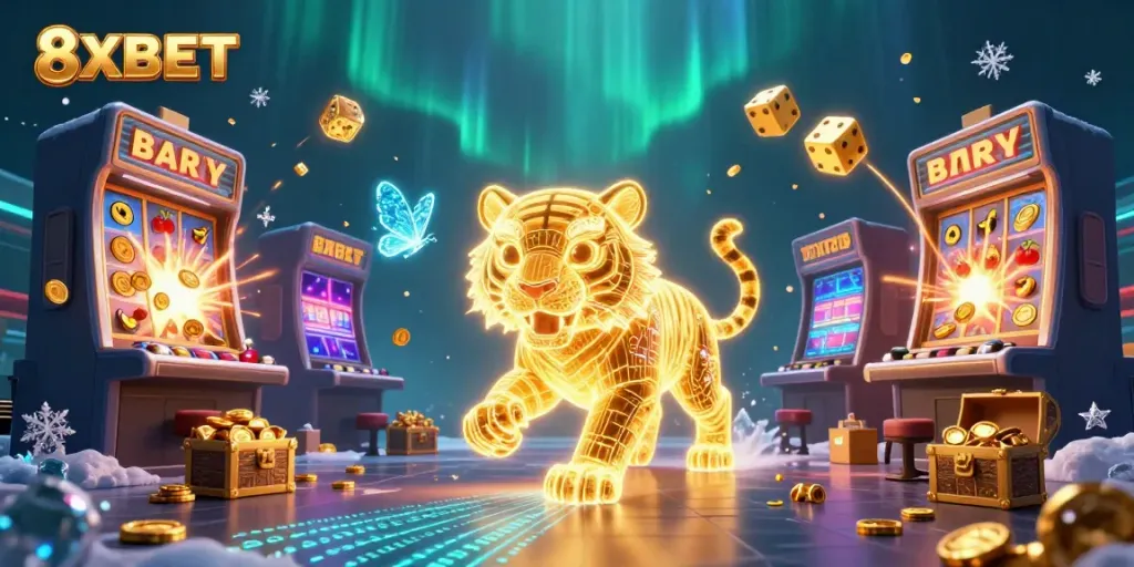 Experience vibrant gaming action at 8XBET with golden tiger and jackpot treasures in dynamic casino environment.
