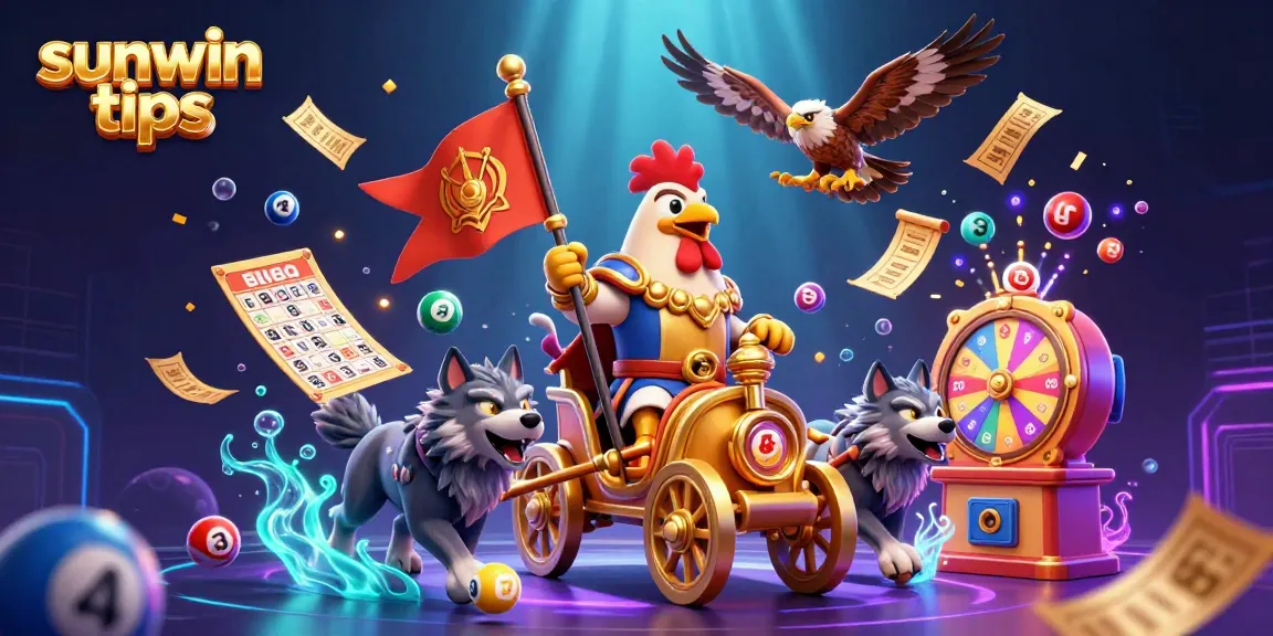 Experience sunwin tips with a dynamic illustration of casino gaming, featuring a rooster warlord and vibrant lottery elements.