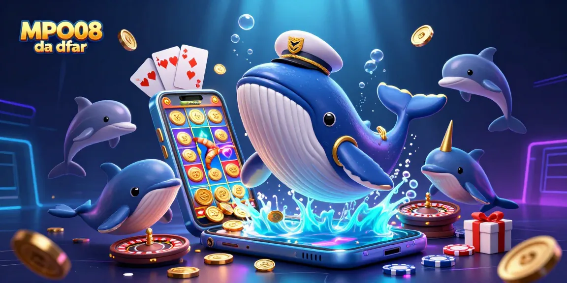 Engage with MPO08 daftar for exciting gaming experiences featuring a whimsical whale and energetic dolphins.