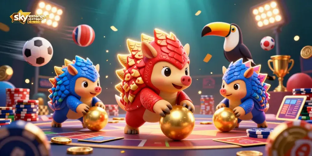 Exciting scene featuring rival pangolins bowling through poker chips as they create a Sky Exchange ID.