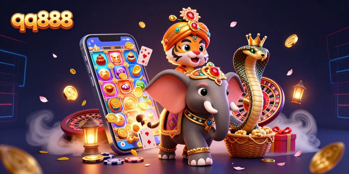 Engage in thrilling gameplay with qq888 featuring a vibrant 3D illustration of a majestic maharaja, elepant, and casino elements.