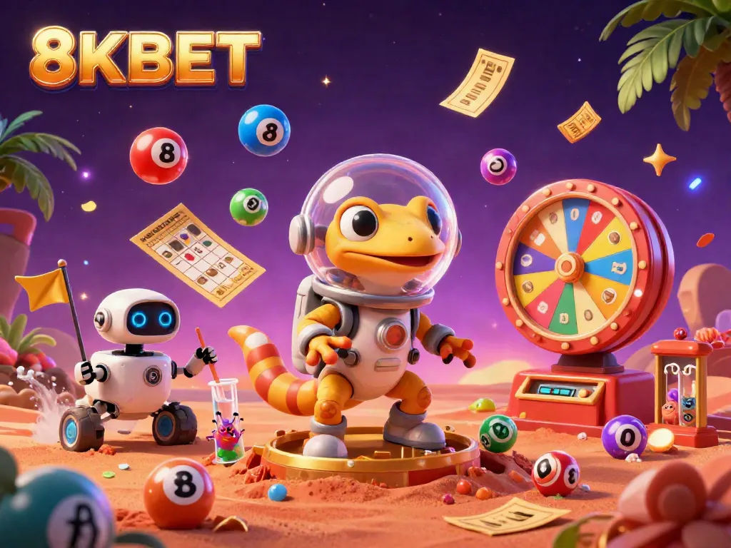 Experience 8KBET adventures with a Martian gecko discovering an exciting casino full of vibrant lottery elements.