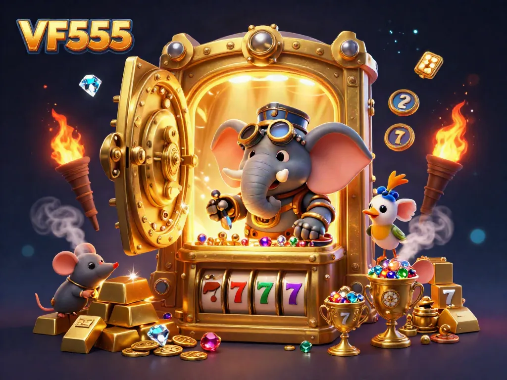 Spin the golden VF555 slot machine as the steampunk elephant engineer reveals treasures.