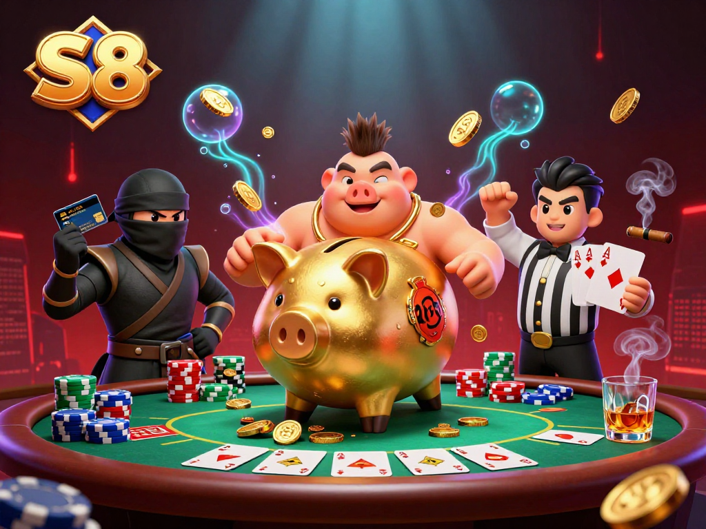 S8 delivers thrilling casino excitement with giant characters at a poker table, showcasing a dynamic gambling scene.