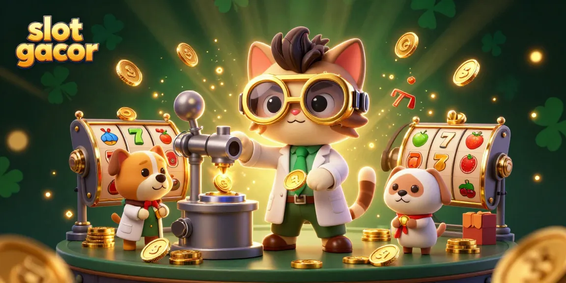 Experience slot gacor magic with a mad scientist cat and dog in a vibrant casino scene.