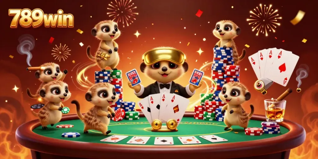 Experience thrilling gameplay at 789win's lively meerkat casino, featuring colorful poker chips and cards.