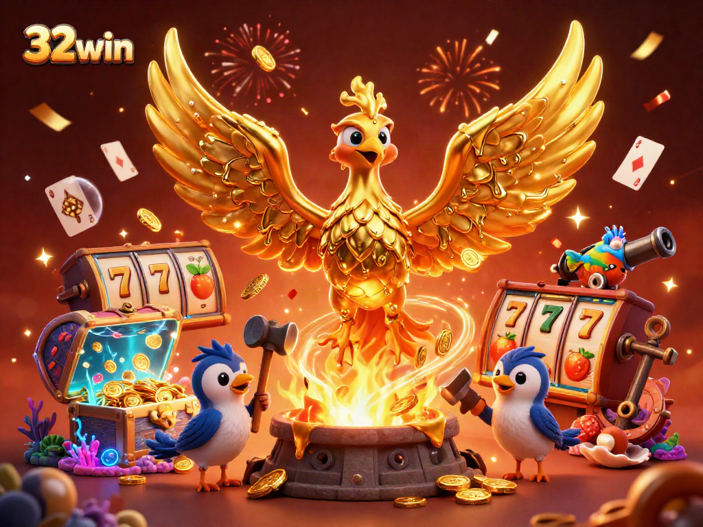 Engage with 32win illustration featuring a molten phoenix and dynamic slot elements, celebrating casino gaming.
