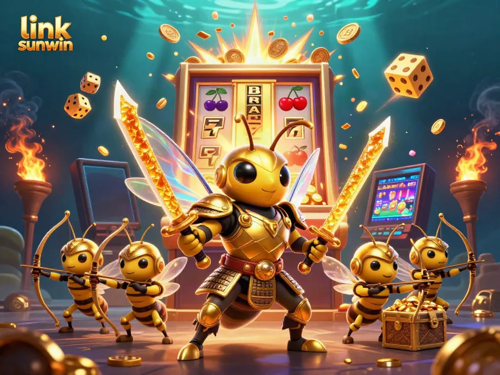 Experience the excitement of link sunwin with a golden hornet warrior and dynamic casino elements bursting with color.