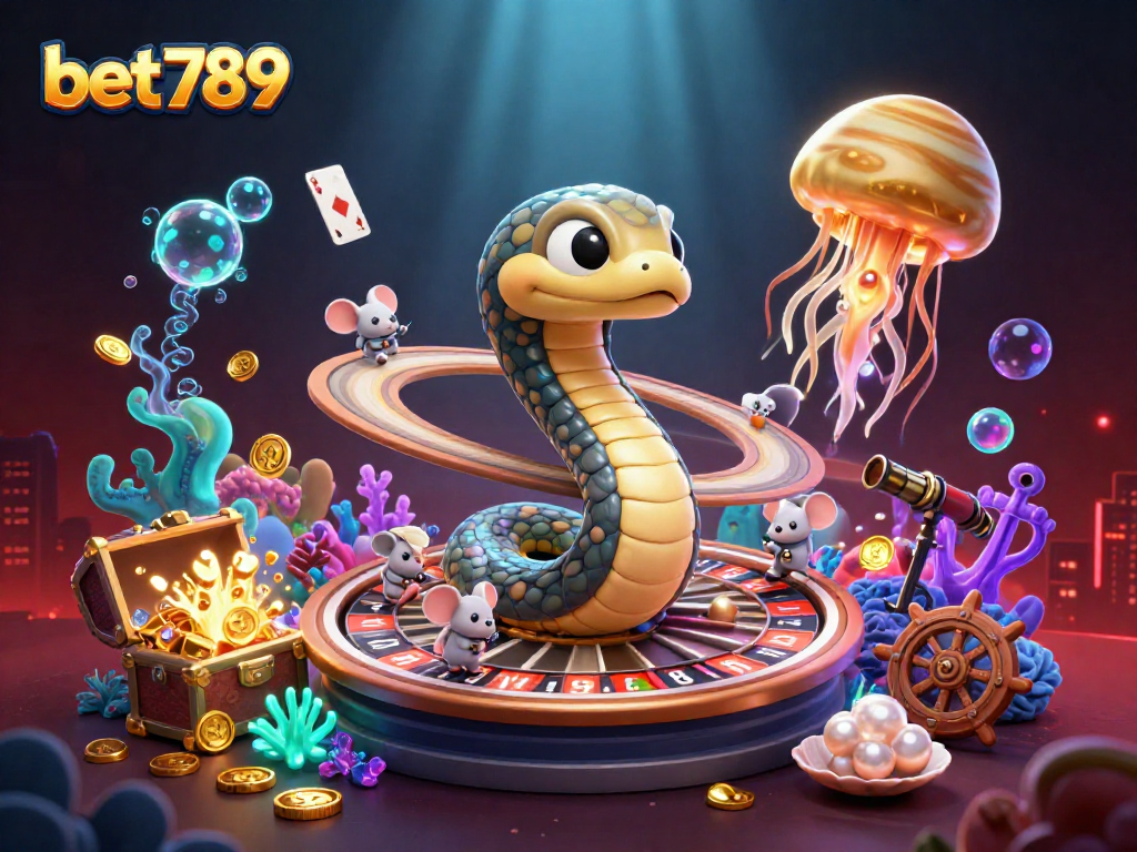 Place bets with bet789 in a cosmic casino scene featuring a roulette wheel and astronaut mice.