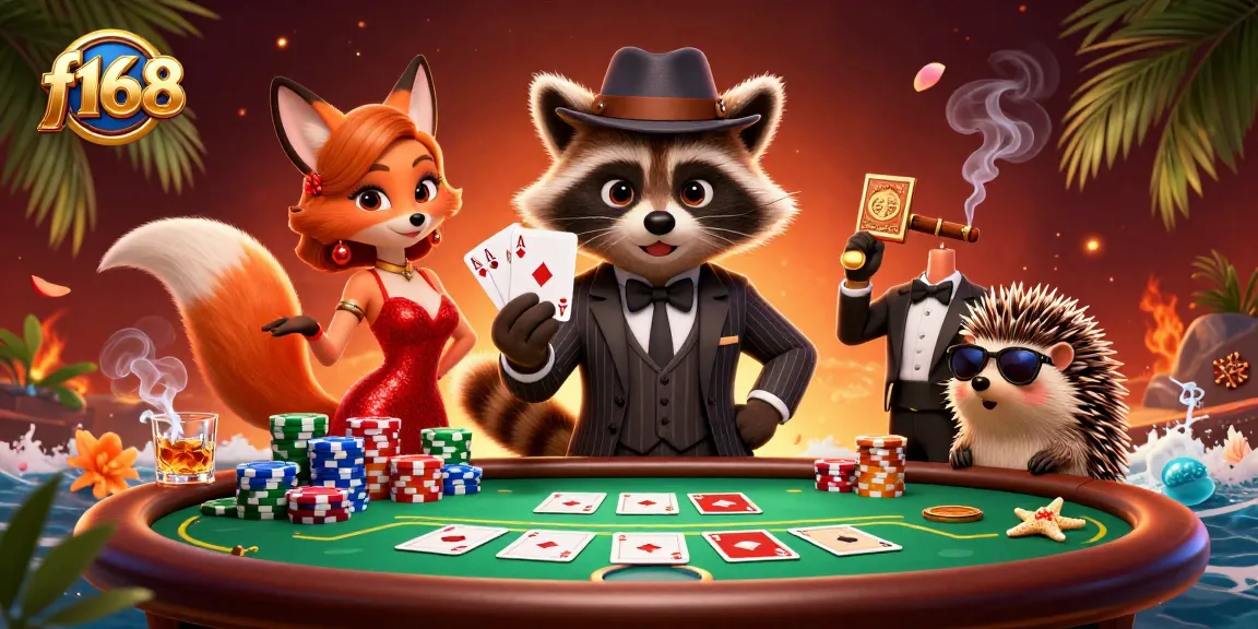 Experience thrilling poker action with f168, featuring elegant characters in a lively casino scene.