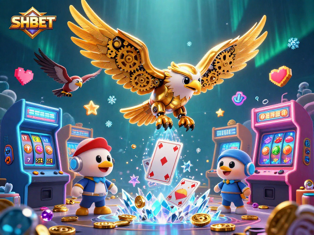 Experience SHBET's thrilling gambling world with a cybernetic eagle amidst vibrant casino elements.