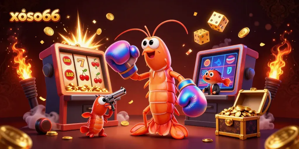 Join the excitement at xoso66 with vibrant casino games and characters in 3D illustration.
